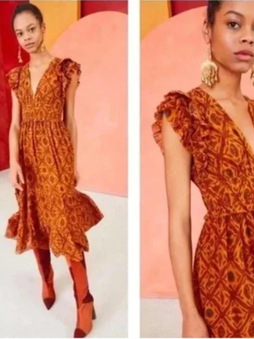 Ulla Johnson Anika Midi Silk Dress Ochre Indian Floral Ruffles tiered skirt sz 6